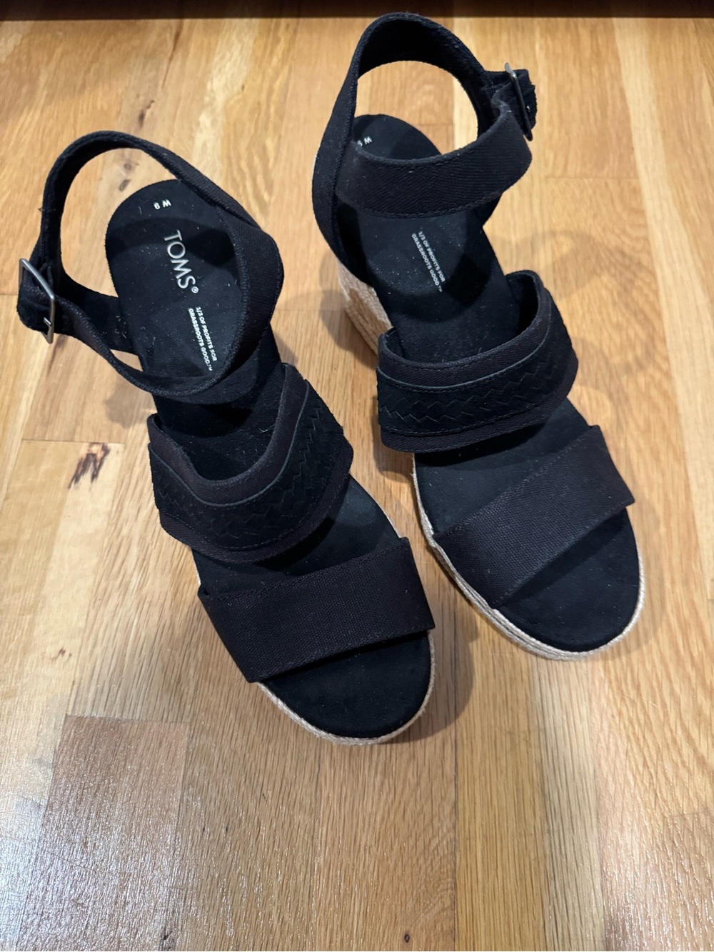 TOMS Black Women's Espadrille Wedge Sandals with Ankle Strap